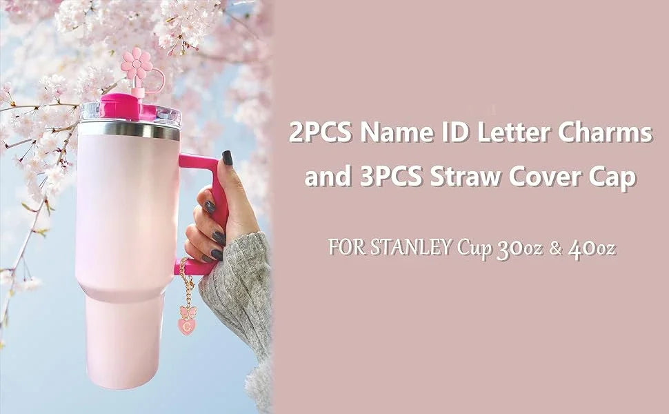 Charming Pink Straw Toppers and Letter Charms Set for Tumblers