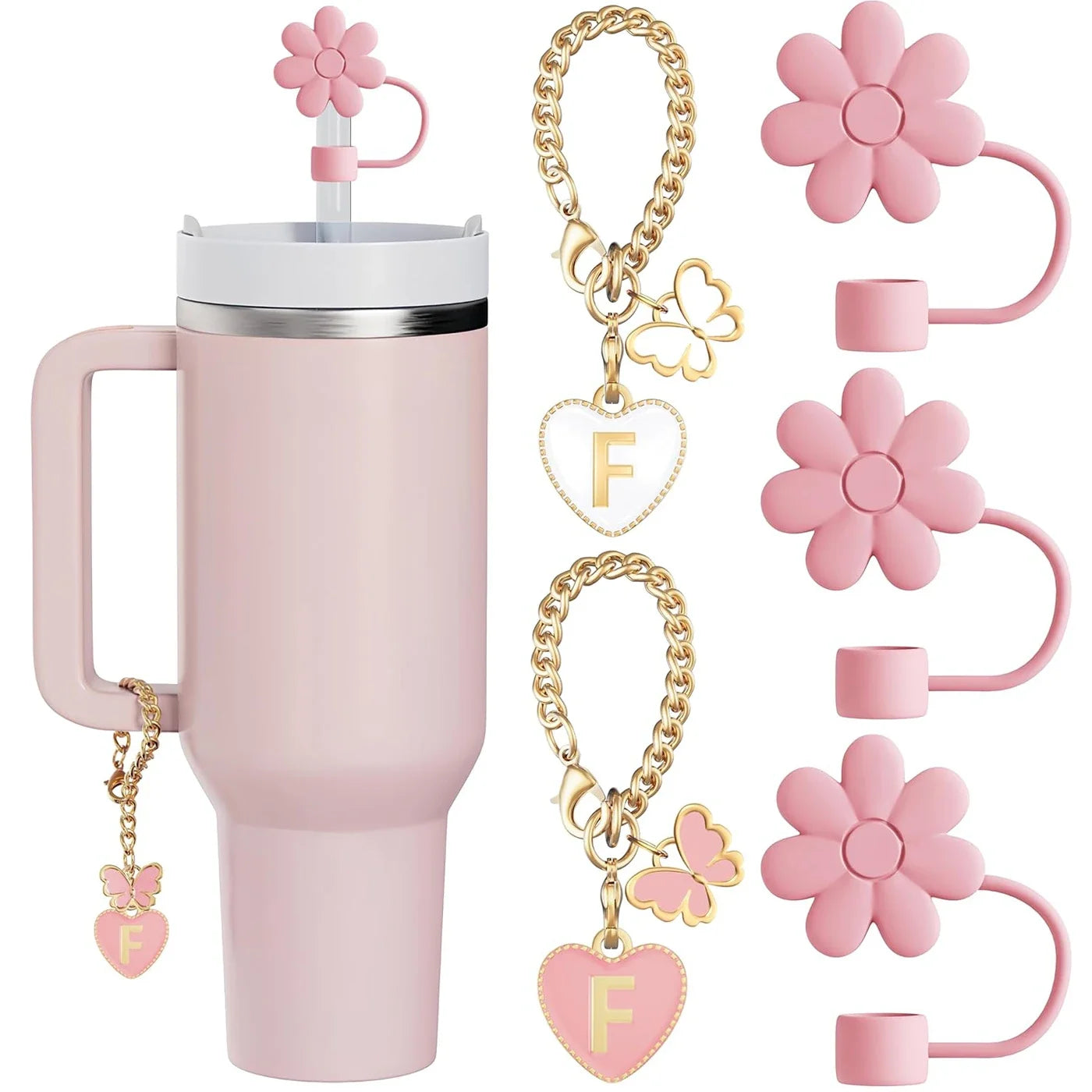 Charming Pink Straw Toppers and Letter Charms Set for Tumblers