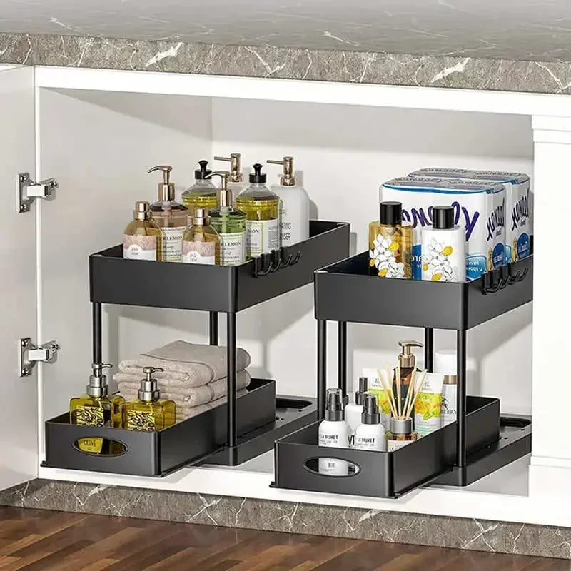 Double Tier Sliding Under Sink Organizer Rack
