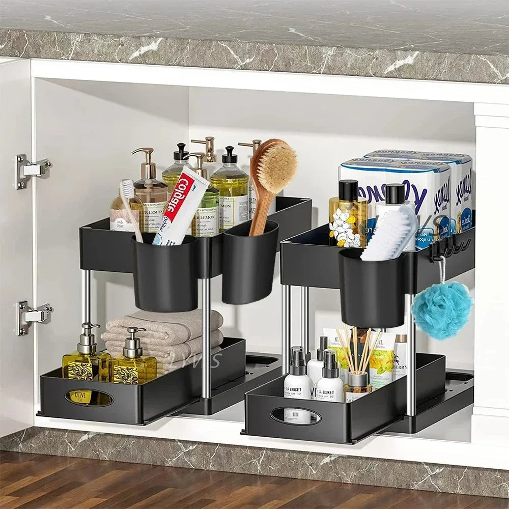 Double Tier Sliding Under Sink Organizer Rack
