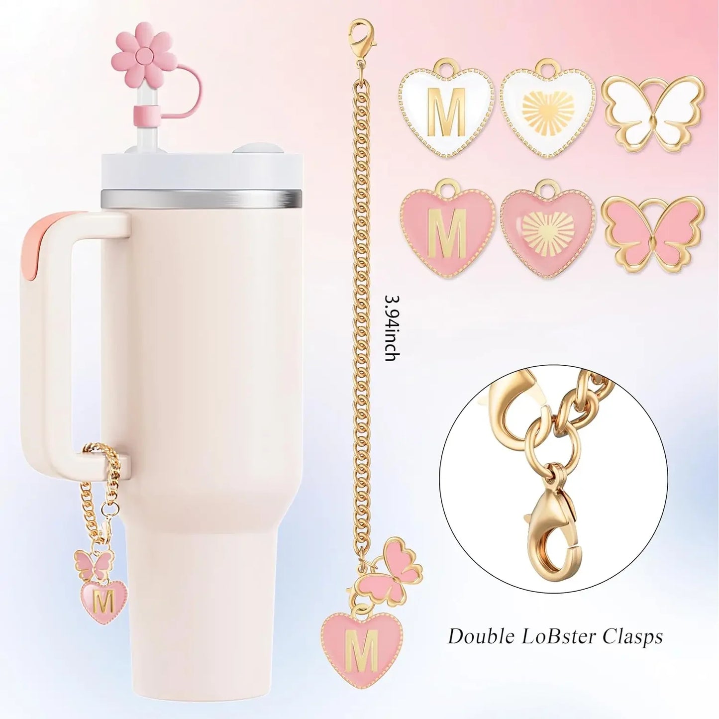 Charming Pink Straw Toppers and Letter Charms Set for Tumblers