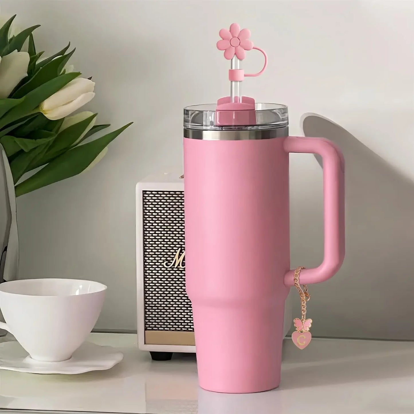 Charming Pink Straw Toppers and Letter Charms Set for Tumblers