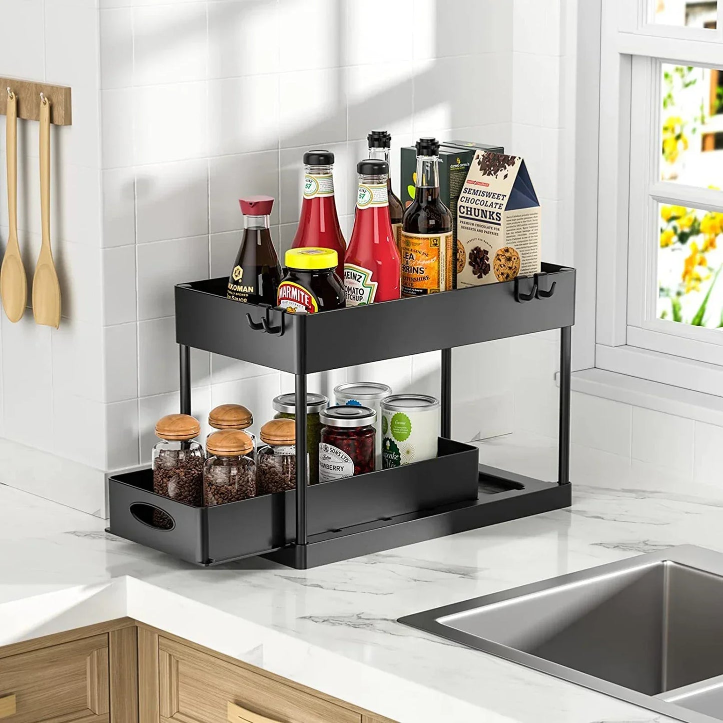 Double Tier Sliding Under Sink Organizer Rack