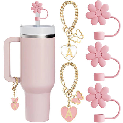 Charming Pink Straw Toppers and Letter Charms Set for Tumblers