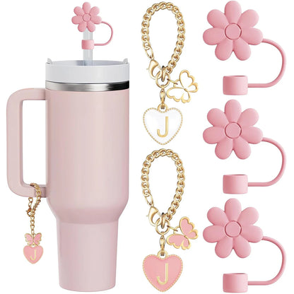 Charming Pink Straw Toppers and Letter Charms Set for Tumblers