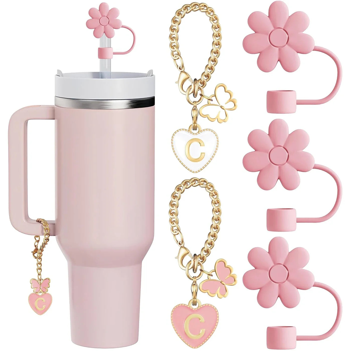 Charming Pink Straw Toppers and Letter Charms Set for Tumblers