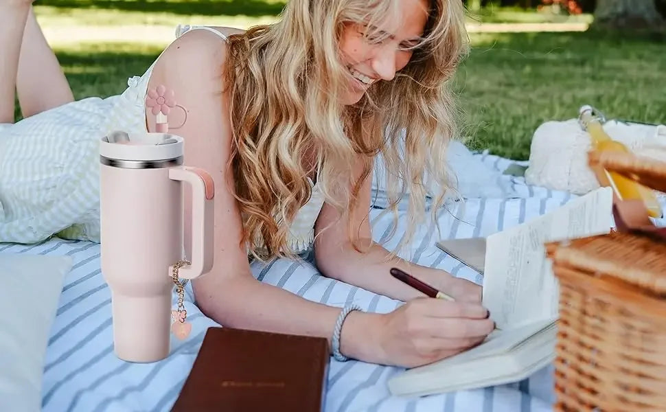 Charming Pink Straw Toppers and Letter Charms Set for Tumblers