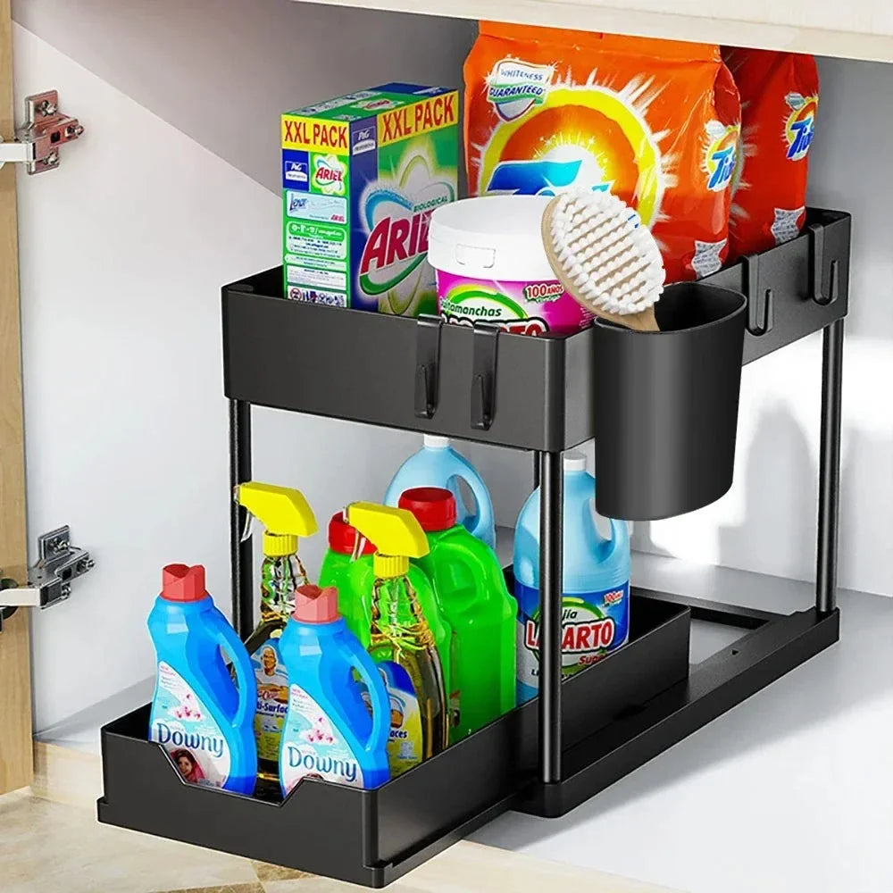 Double Tier Sliding Under Sink Organizer Rack