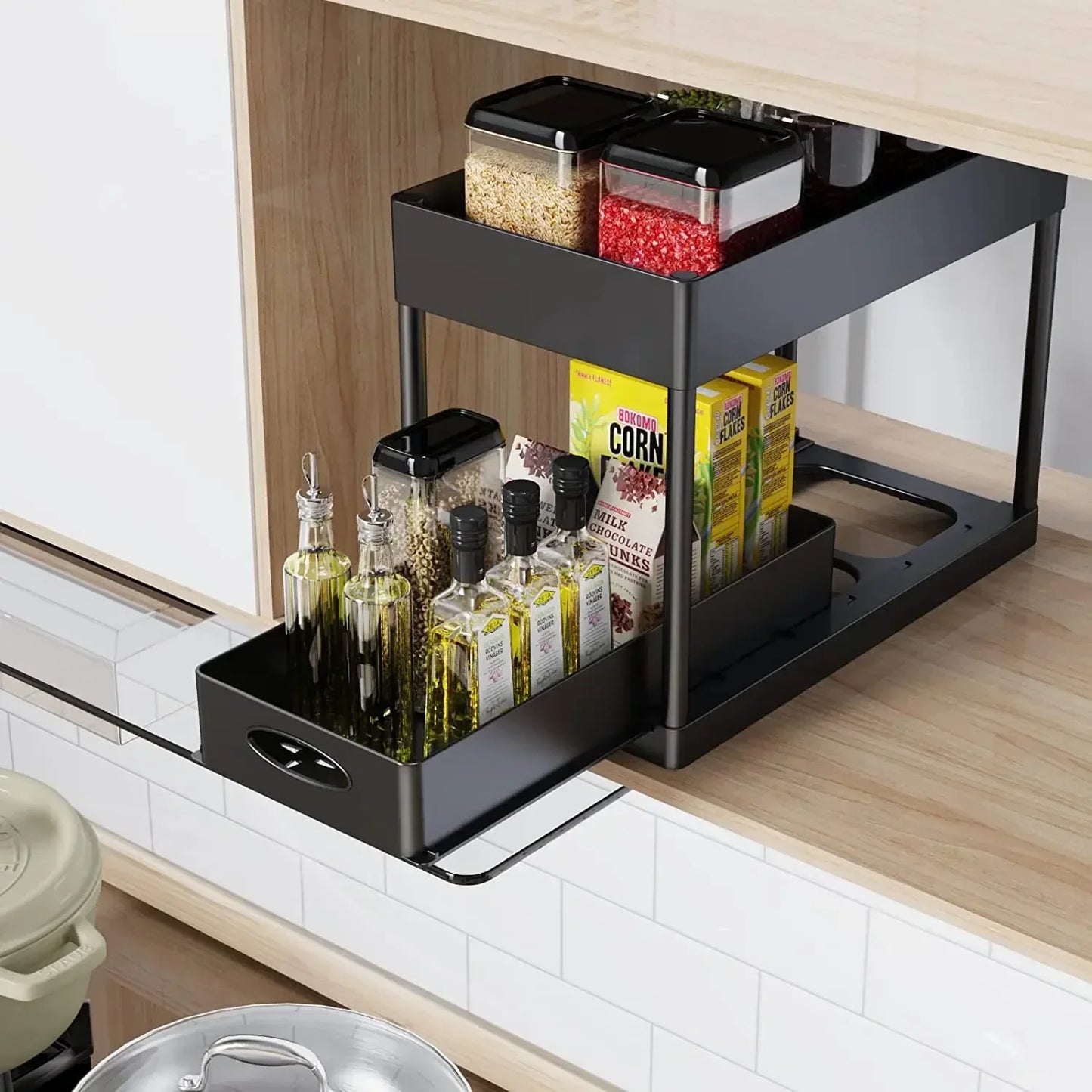 Double Tier Sliding Under Sink Organizer Rack