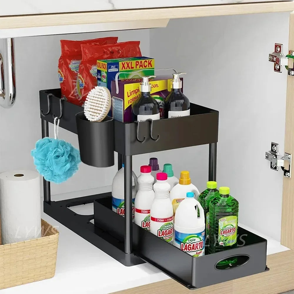 Double Tier Sliding Under Sink Organizer Rack