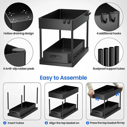 Double Tier Sliding Under Sink Organizer Rack