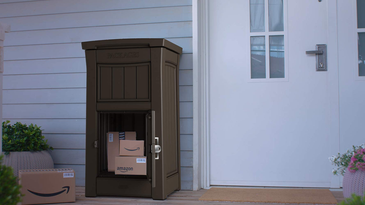 Keter Delivery Box for Porch with Lockable Secure Storage Compartment to Keep Packages Safe, One Size, Brown