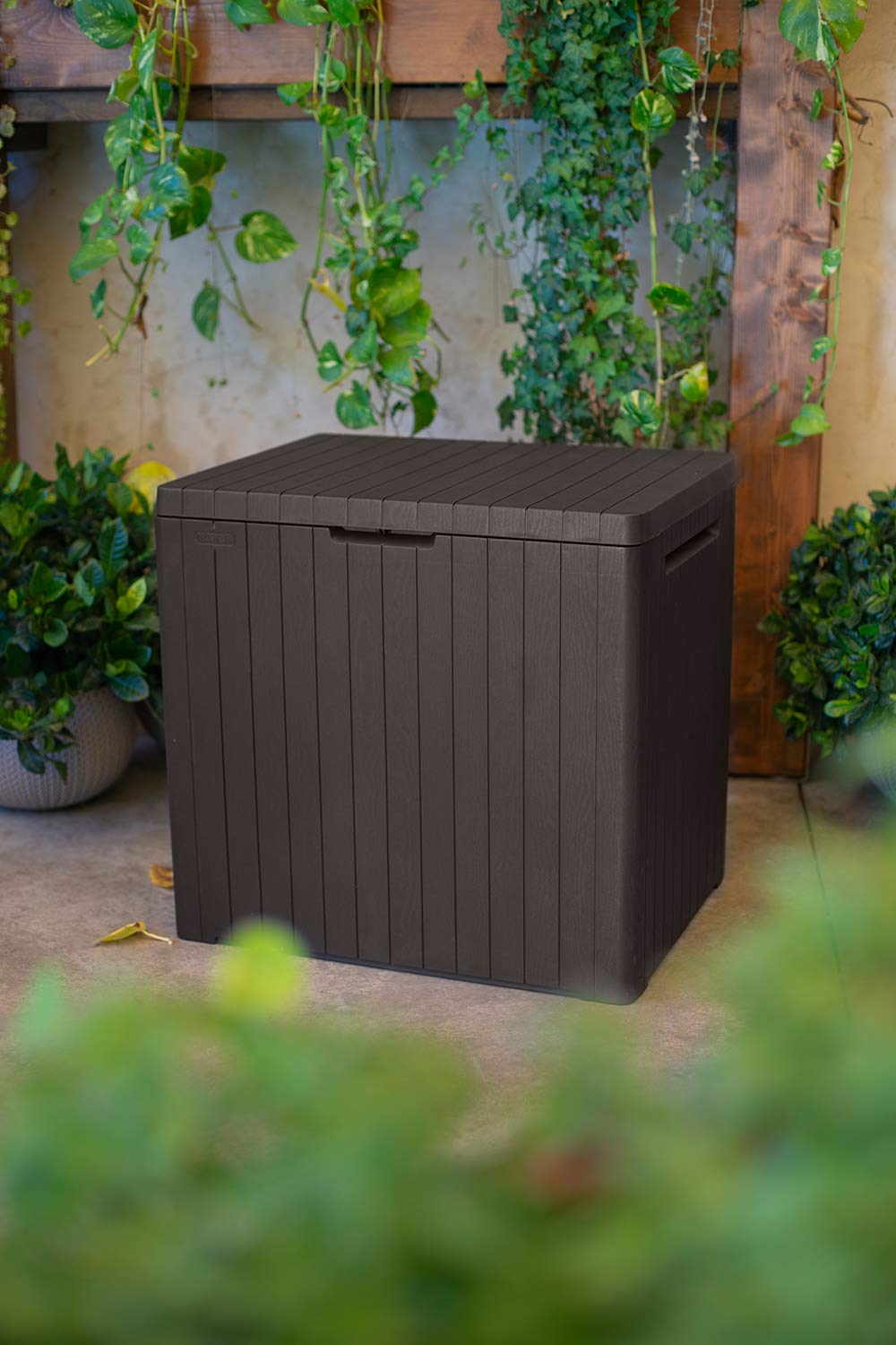 Keter City 30 Gallon Resin Deck Box for Patio Furniture, Pool Accessories, and Storage for Outdoor Items, Brown