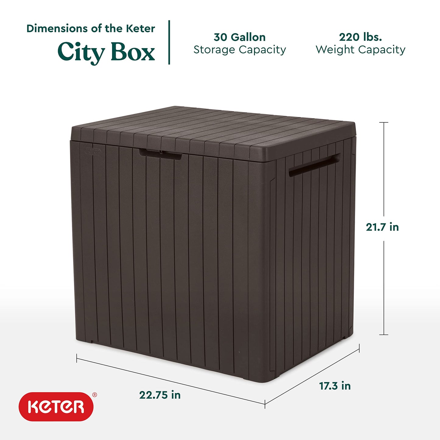 Keter City 30 Gallon Resin Deck Box for Patio Furniture, Pool Accessories, and Storage for Outdoor Items, Brown