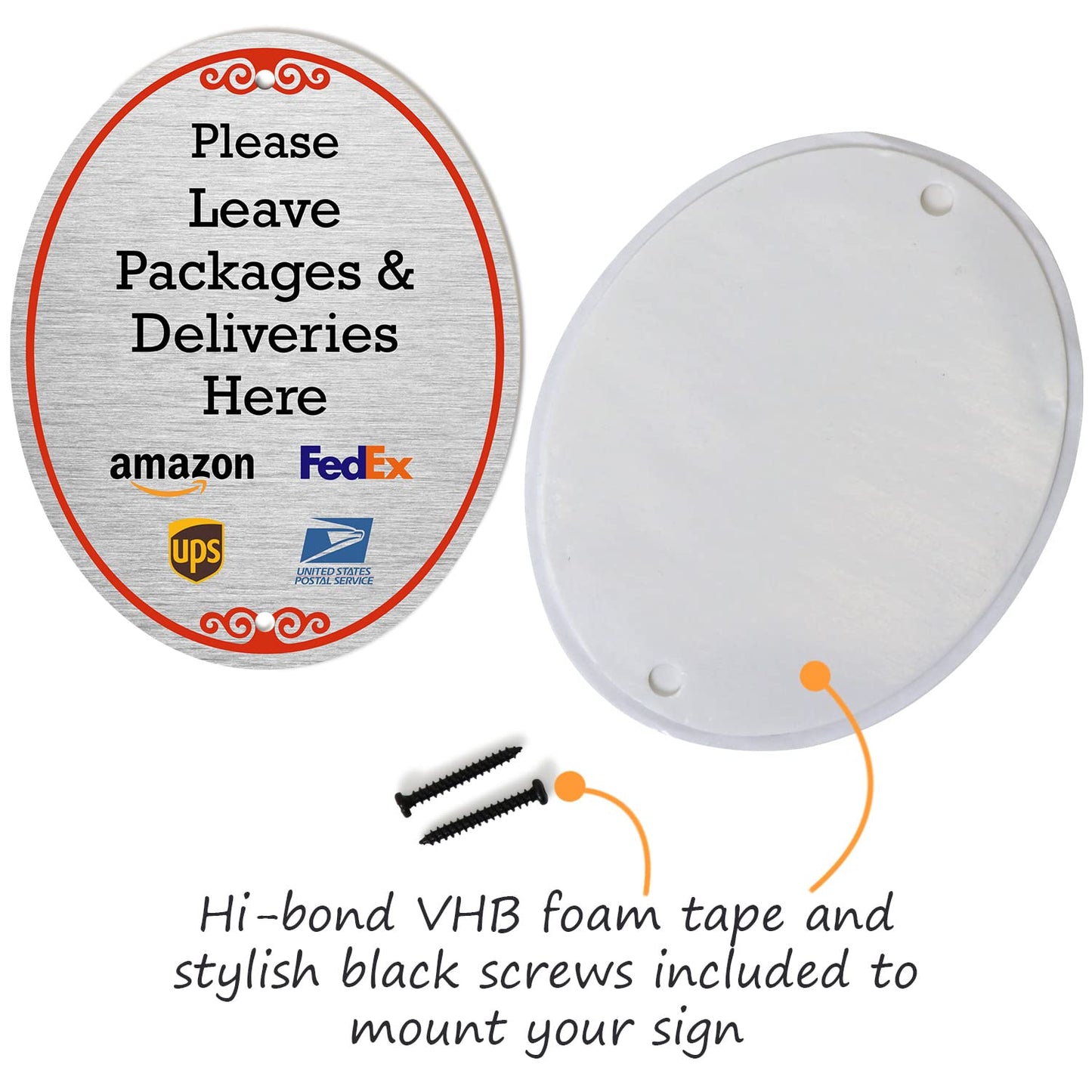 SmartSign 5 x 4 inch "Please Leave Packages And Deliveries Here" Designer Oval Sign with Symbols, 32 mil Anodized Aluminum, Multicolor