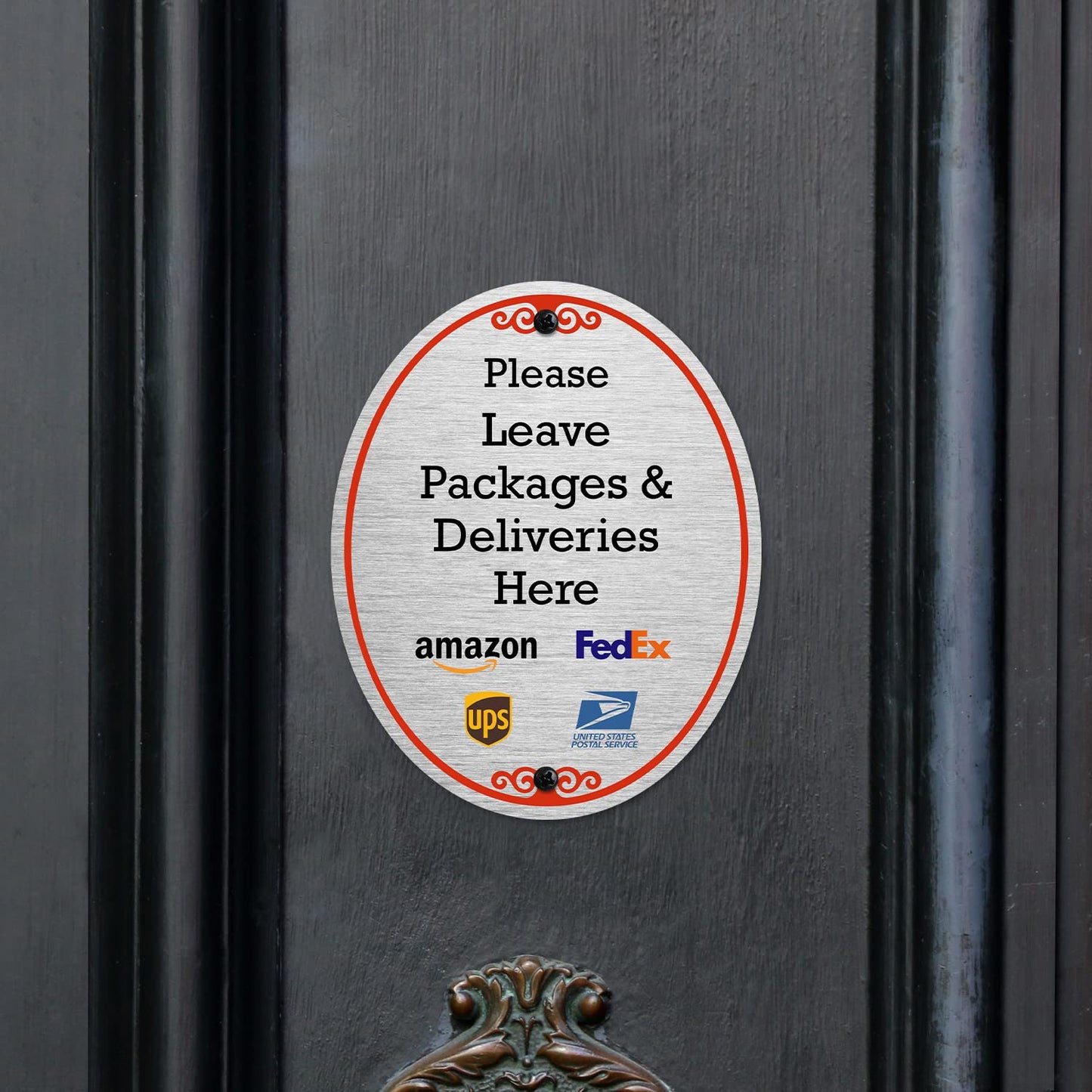 SmartSign 5 x 4 inch "Please Leave Packages And Deliveries Here" Designer Oval Sign with Symbols, 32 mil Anodized Aluminum, Multicolor