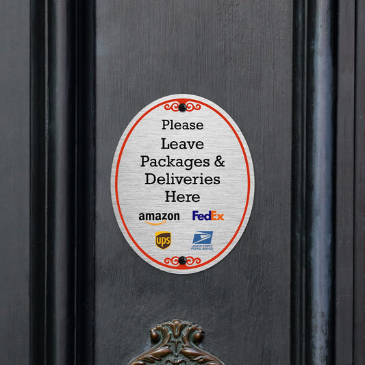 SmartSign 5 x 4 inch "Please Leave Packages And Deliveries Here" Designer Oval Sign with Symbols, 32 mil Anodized Aluminum, Multicolor