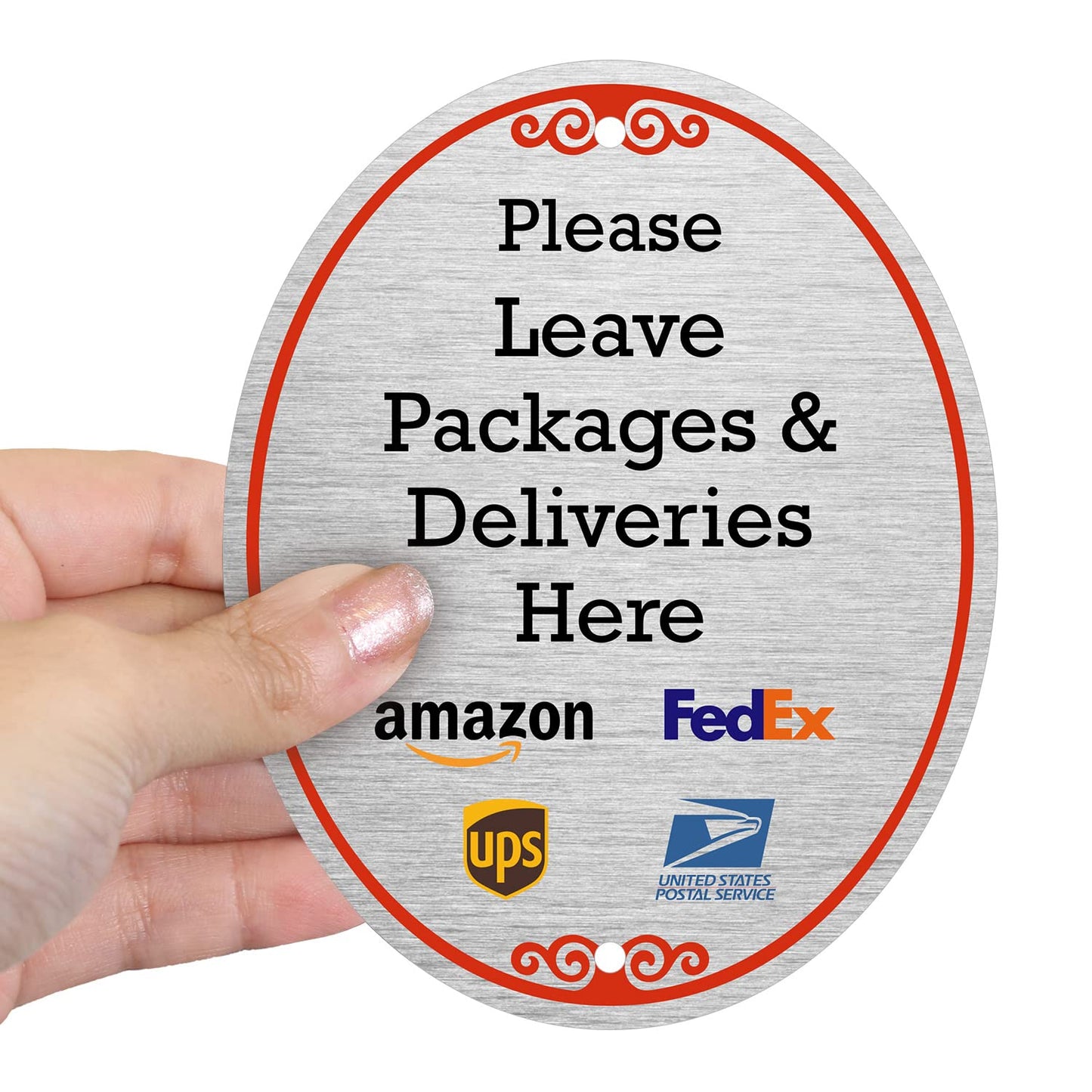 SmartSign 5 x 4 inch "Please Leave Packages And Deliveries Here" Designer Oval Sign with Symbols, 32 mil Anodized Aluminum, Multicolor