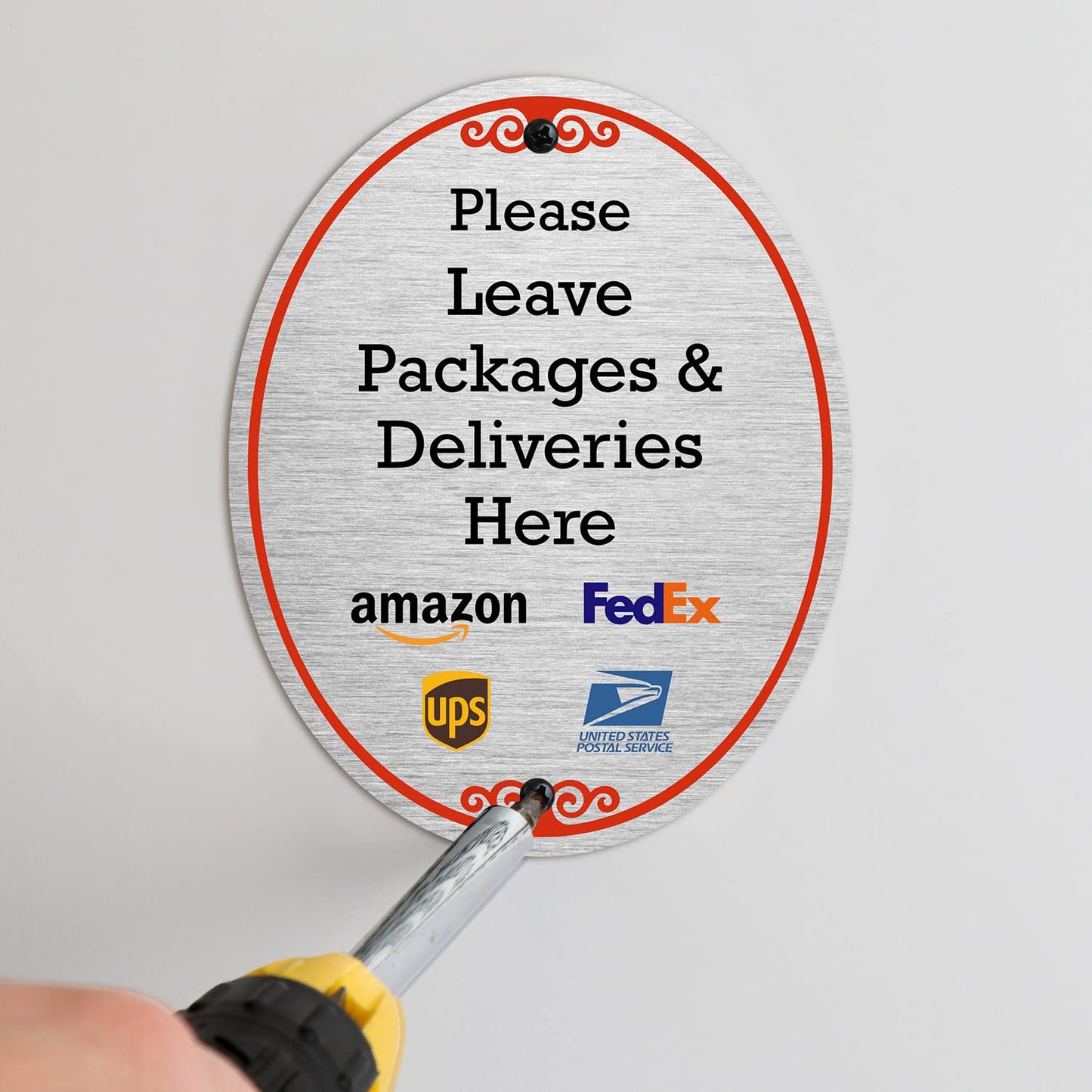 SmartSign 5 x 4 inch "Please Leave Packages And Deliveries Here" Designer Oval Sign with Symbols, 32 mil Anodized Aluminum, Multicolor