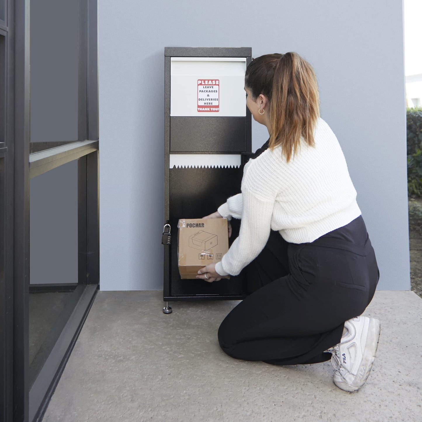 Package Delivery Box Locking Parcel Drop Box - 15'' x 11.25'' x 45.25'' Package Safe Box with Keys, Combination Lock, Red Flag, Mounting Hardware - Lockable Package Delivery Box for Home and Business