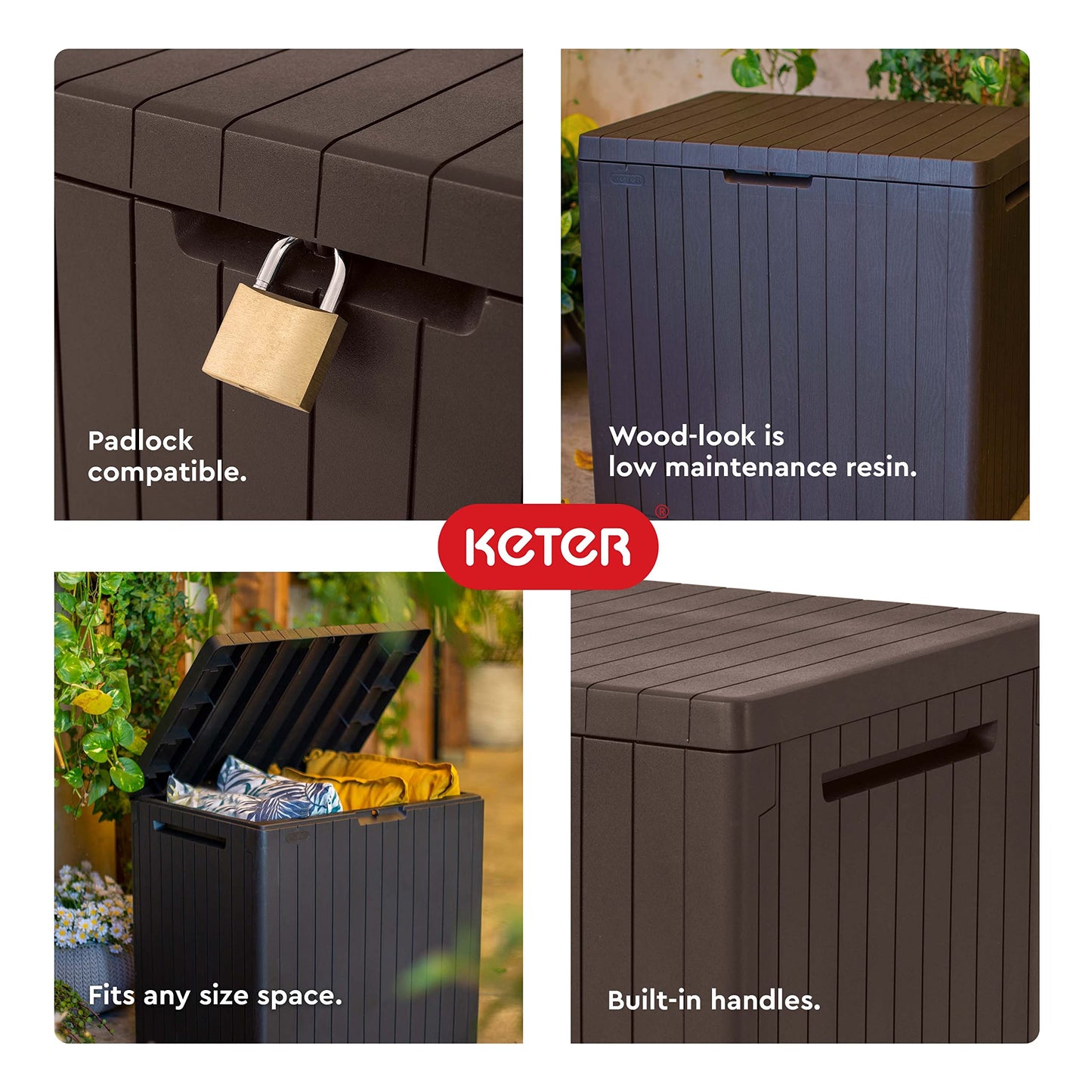 Keter City 30 Gallon Resin Deck Box for Patio Furniture, Pool Accessories, and Storage for Outdoor Items, Brown