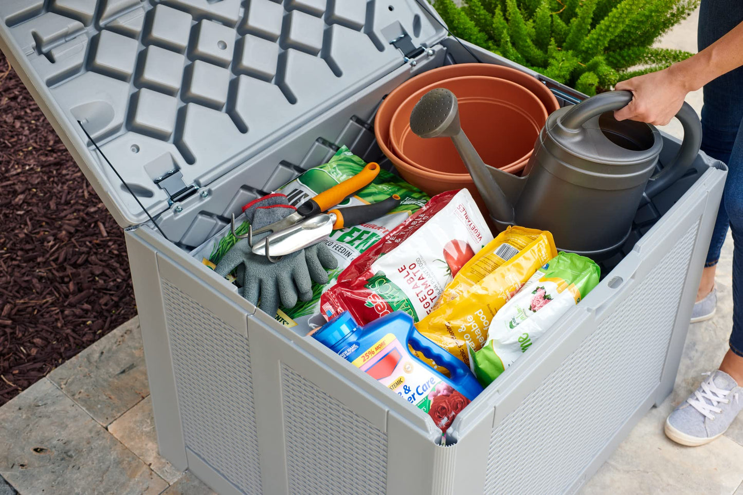 Rubbermaid Outdoor Deck Box, Medium, Weather Resistant, Gray for Lawn, Garden, Pool, Tool Storage, Home Organization