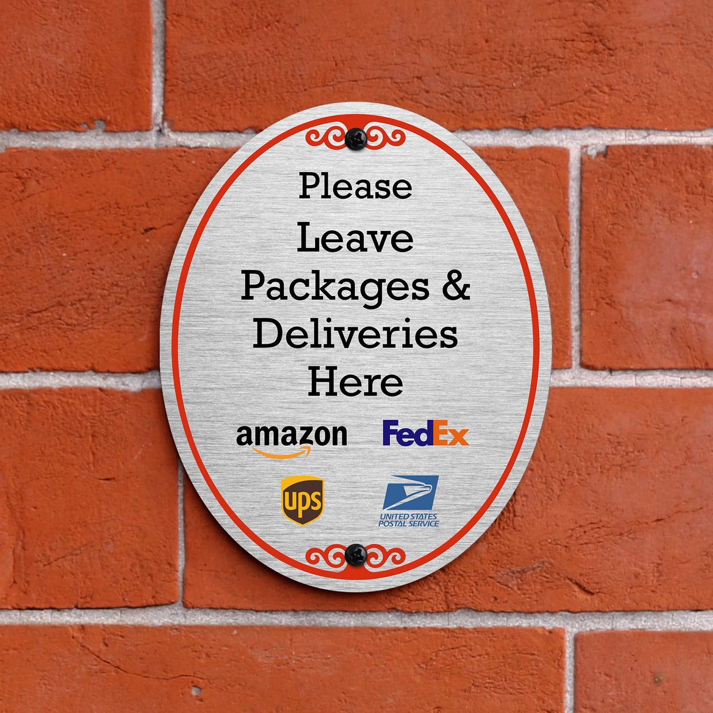 SmartSign 5 x 4 inch "Please Leave Packages And Deliveries Here" Designer Oval Sign with Symbols, 32 mil Anodized Aluminum, Multicolor