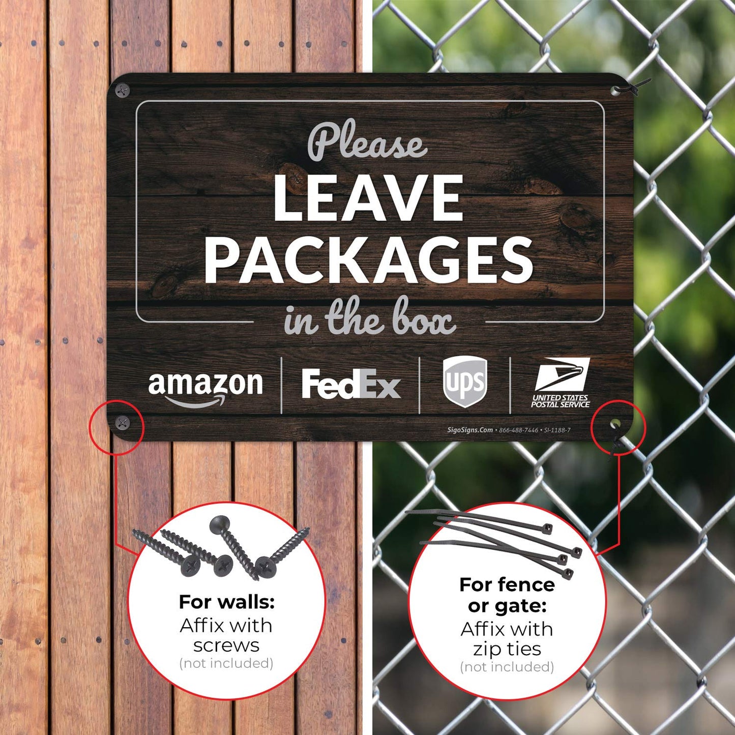 Package Delivery Sign, Please Leave Packages In The Box Wood Background, 10x7 Inches, 55 mil thick HDPE (high density polyethylene), Made in USA by Sigo Signs