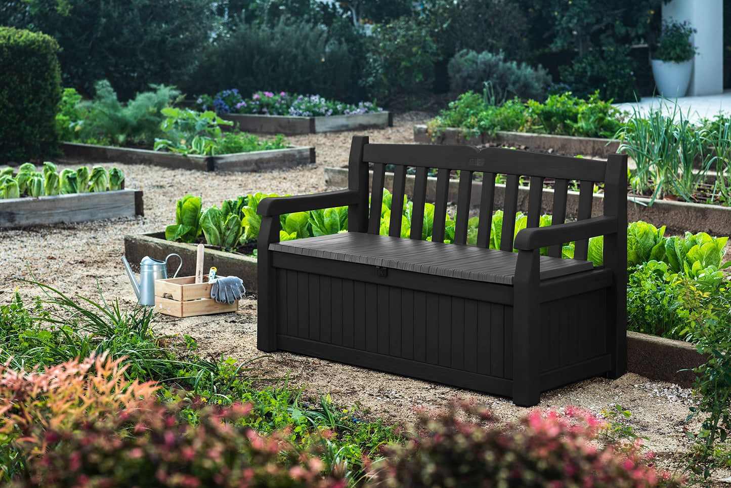 Keter Solana 70 Gallon Storage Bench Deck Box for Patio Furniture, Front Porch Decor and Outdoor Seating – Perfect to Store Garden Tools and Pool Toys,Brown/Brown