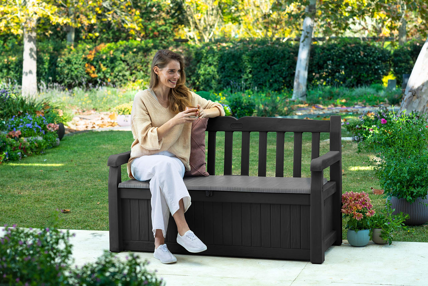 Keter Solana 70 Gallon Storage Bench Deck Box for Patio Furniture, Front Porch Decor and Outdoor Seating – Perfect to Store Garden Tools and Pool Toys,Brown/Brown