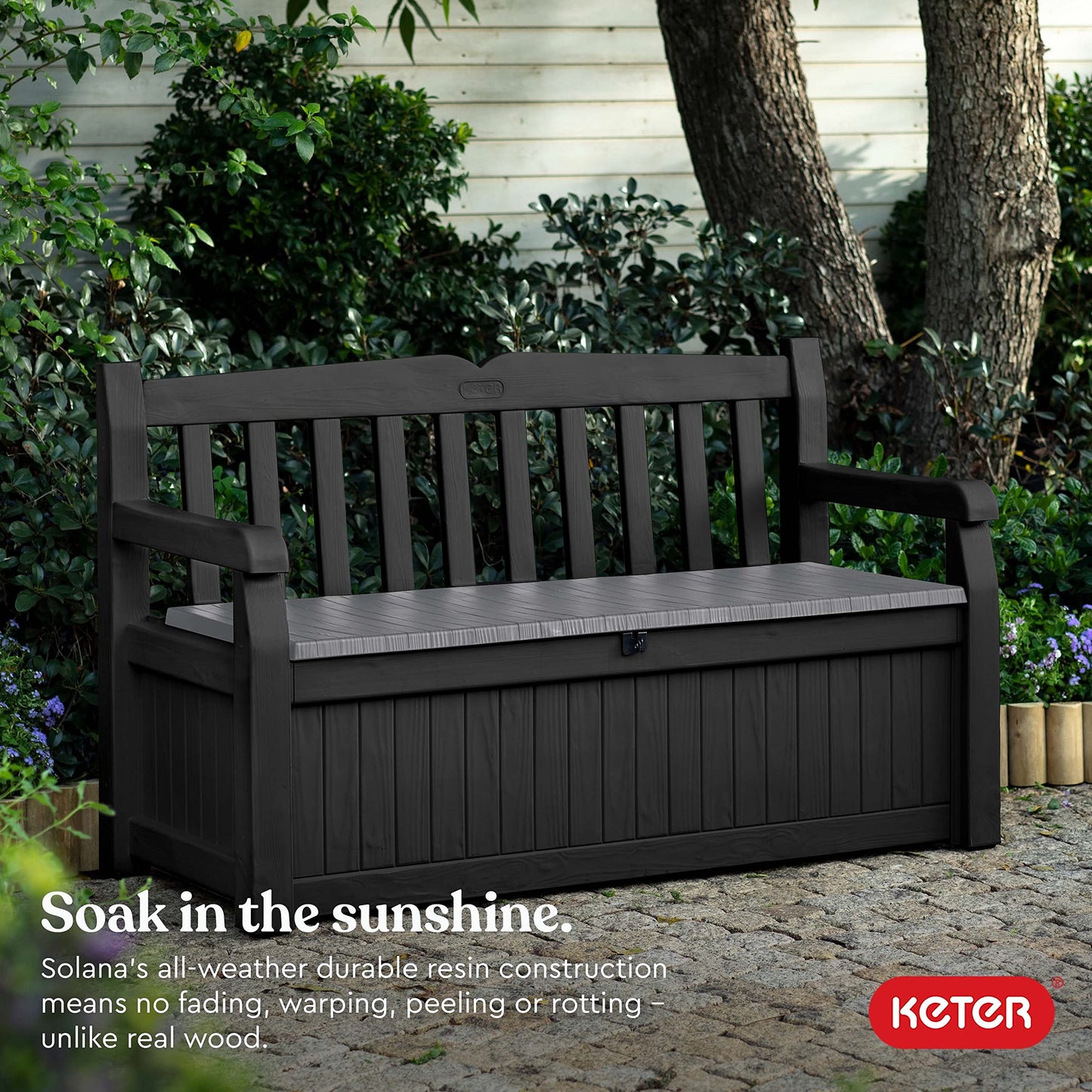 Keter Solana 70 Gallon Storage Bench Deck Box for Patio Furniture, Front Porch Decor and Outdoor Seating – Perfect to Store Garden Tools and Pool Toys,Brown/Brown