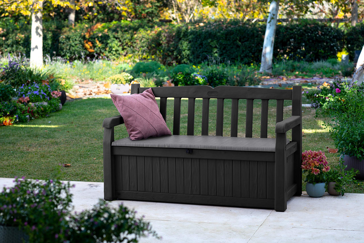 Keter Solana 70 Gallon Storage Bench Deck Box for Patio Furniture, Front Porch Decor and Outdoor Seating – Perfect to Store Garden Tools and Pool Toys,Brown/Brown