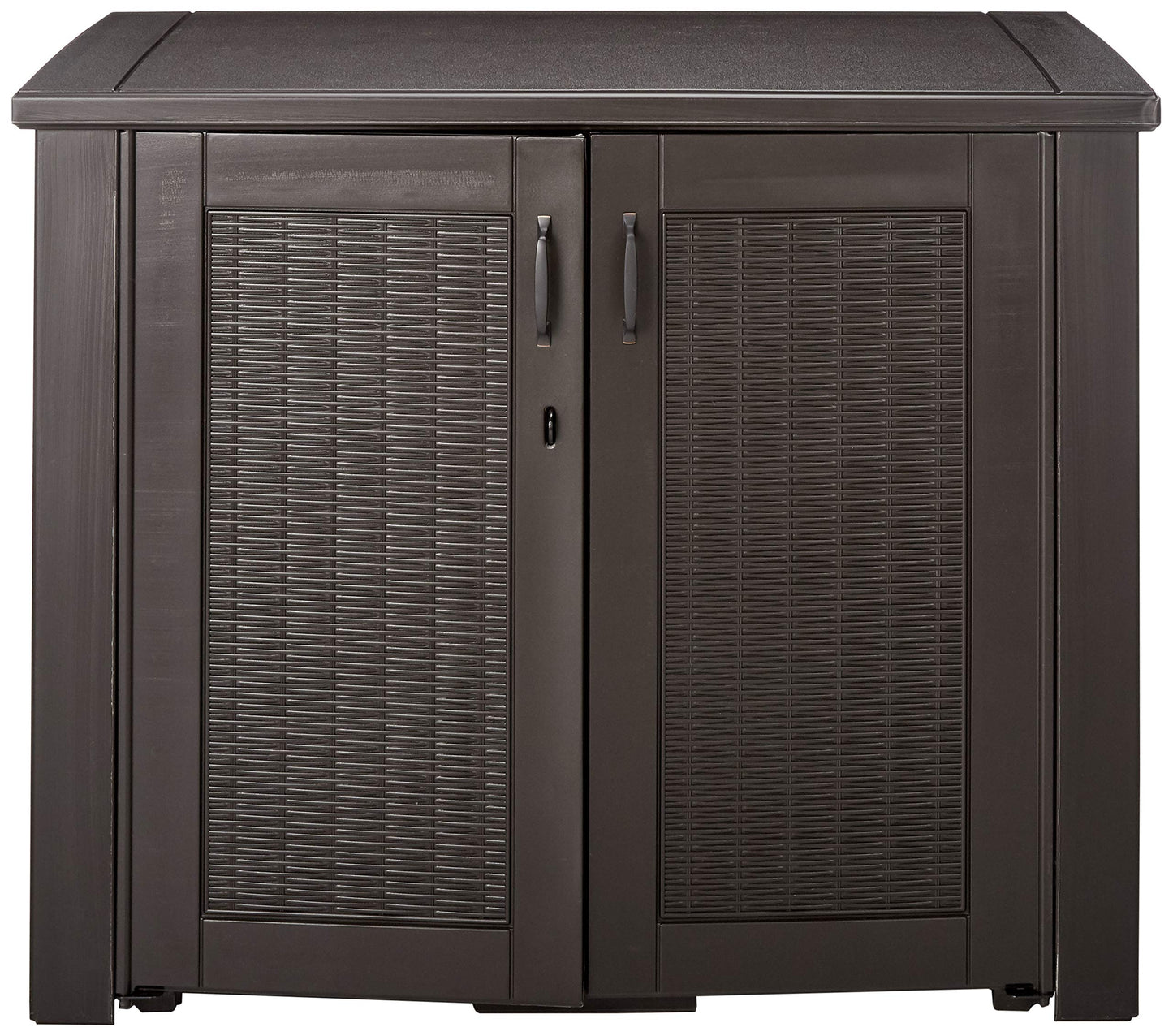 Rubbermaid Patio Chic Resin Weather Resistant Outdoor Storage Deck Box, 123 Gal., Black Oak Rattan Wicker Basket Weave, for Garden/Backyard/Home/Pool